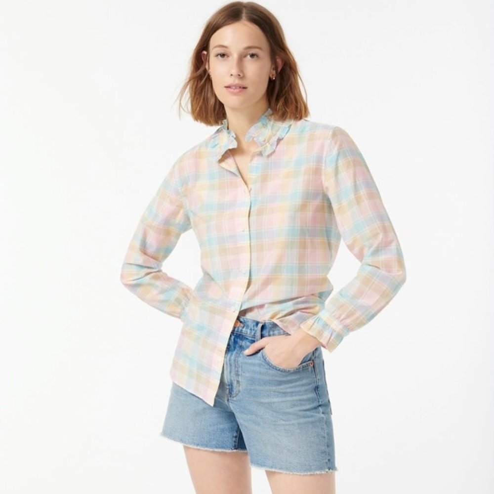 J.Crew‎ Classic-Fit Cotton-Silk Voile Ruffleneck Shirt in Pastel Plaid Size 2